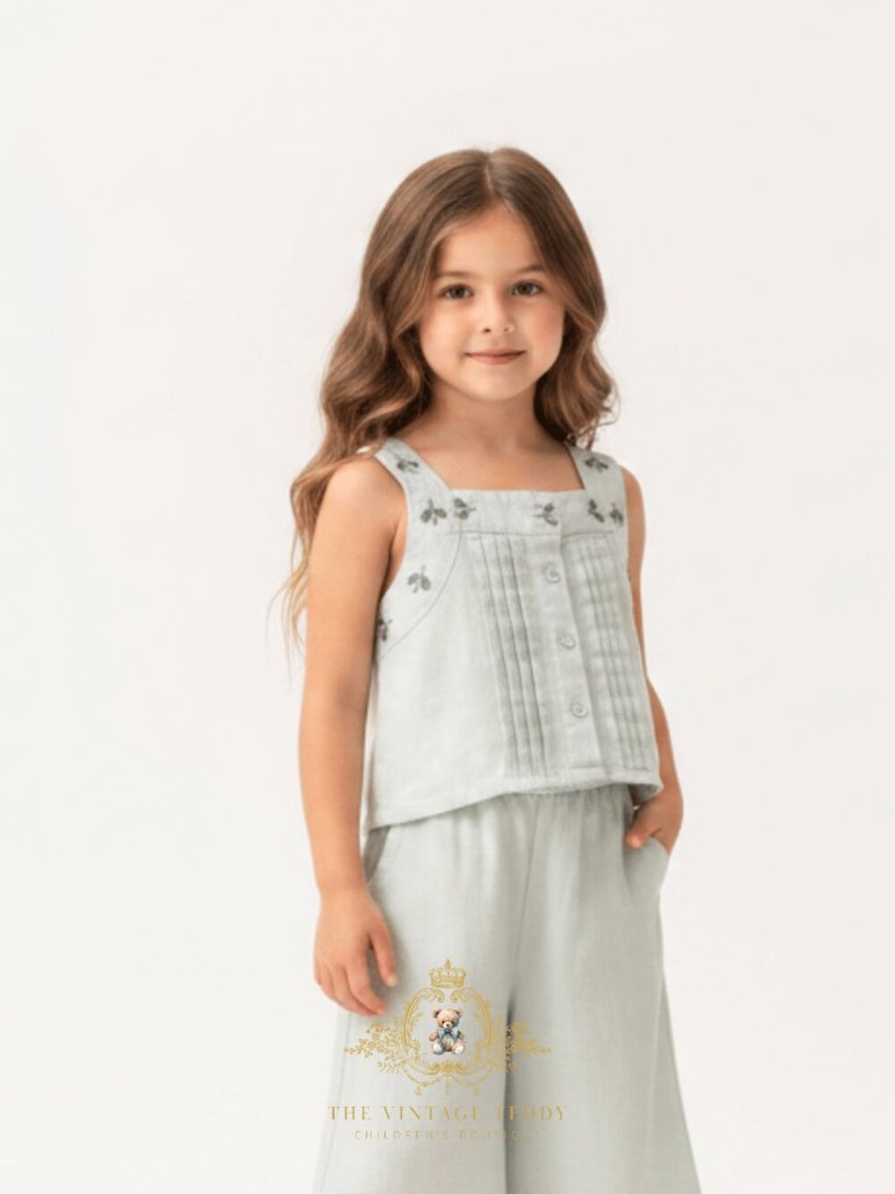 NWT Cute Girls Denim Jean Top & Pants Kids 2-Piece Set Embroidered Flowers 6Y